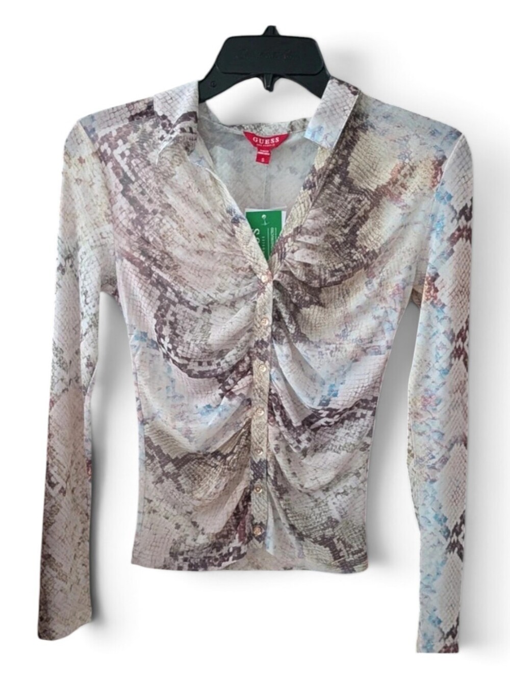NWT GUESS Los Angeles Sheer Snakeskin Ruched Button-Down Mesh Top — Size S